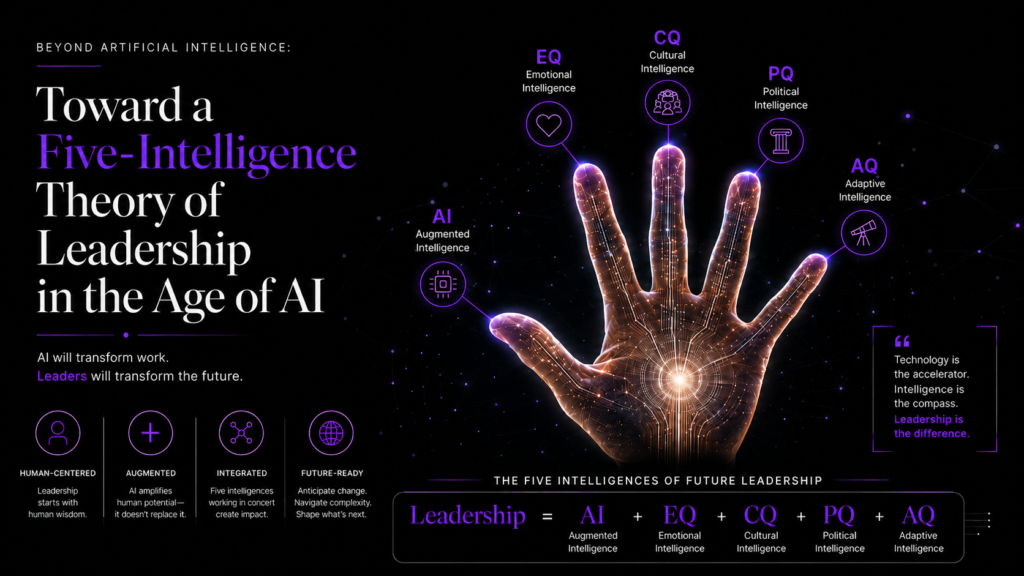 Infographic of a human hand illustrating the Five Intelligences of Future Leadership: AI (augmented intelligence) on the thumb, emotional intelligence on the index finger, cultural intelligence on the middle finger, political intelligence on the ring finger, and adaptive intelligence on the little finger.